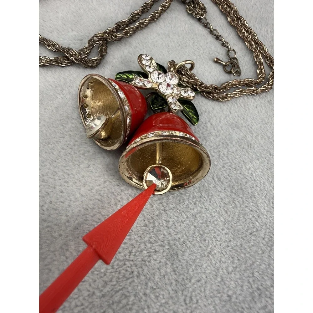 Christmas Bell Necklace Red Enamel Green Leaf‎ Rhinestone Gold Tone 32